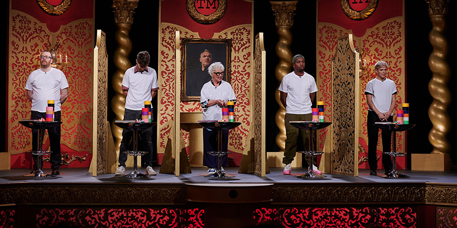 Taskmaster. Image shows left to right: Frankie Boyle, Ivo Graham, Jenny Eclair, Kiell Smith-Bynoe, Mae Martin