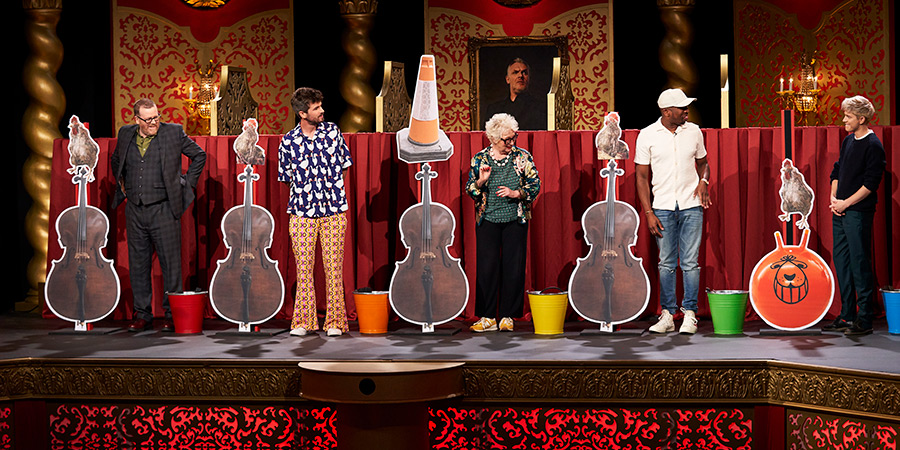 Taskmaster. Image shows left to right: Frankie Boyle, Ivo Graham, Jenny Eclair, Kiell Smith-Bynoe, Mae Martin