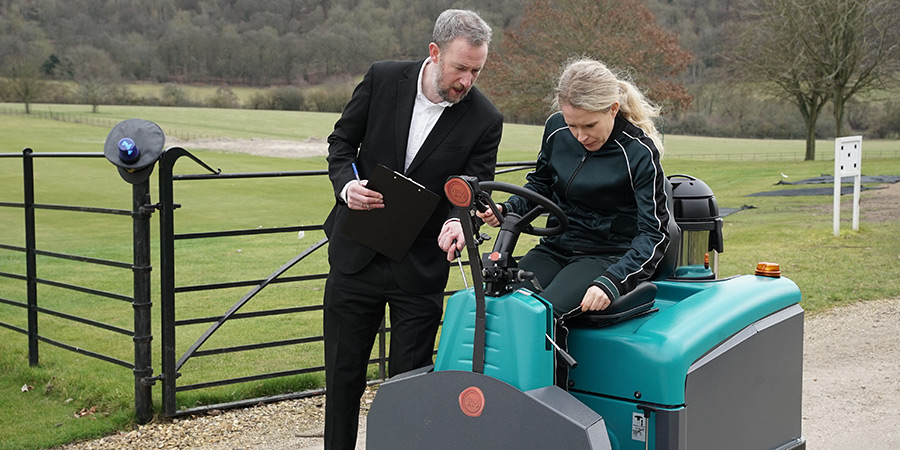 Taskmaster. Image shows left to right: Alex Horne, Lucy Beaumont