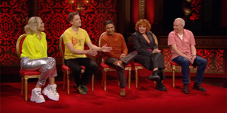 Taskmaster. Image shows left to right: Joanne McNally, John Robins, Nick Mohammed, Sophie Willan, Steve Pemberton