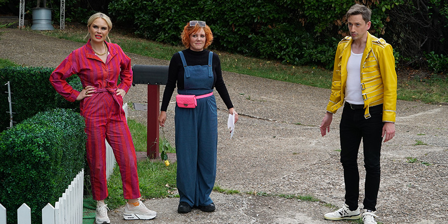 Taskmaster. Image shows left to right: Joanne McNally, Sophie Willan, John Robins