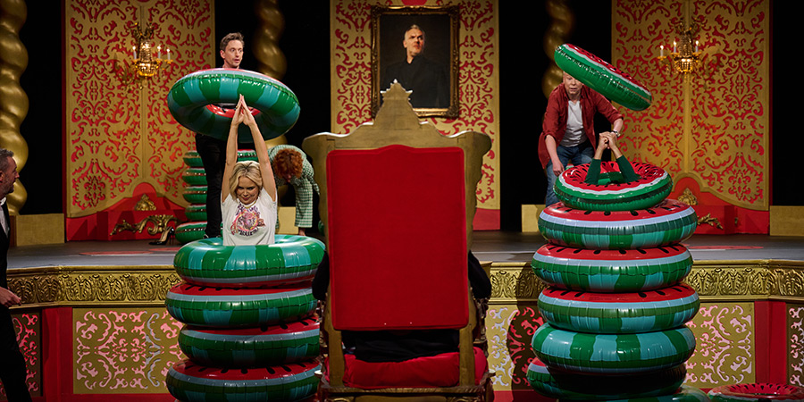 Taskmaster. Image shows left to right: John Robins, Joanne McNally, Steve Pemberton