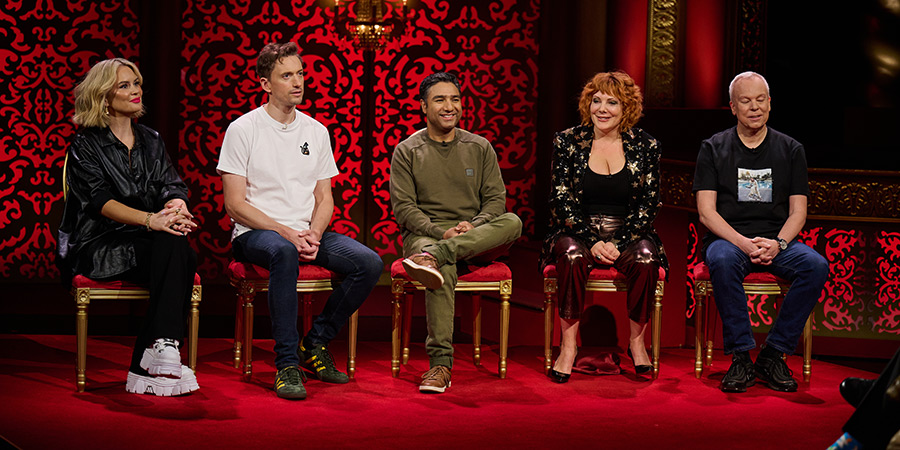 Taskmaster. Image shows left to right: Joanne McNally, John Robins, Nick Mohammed, Sophie Willan, Steve Pemberton