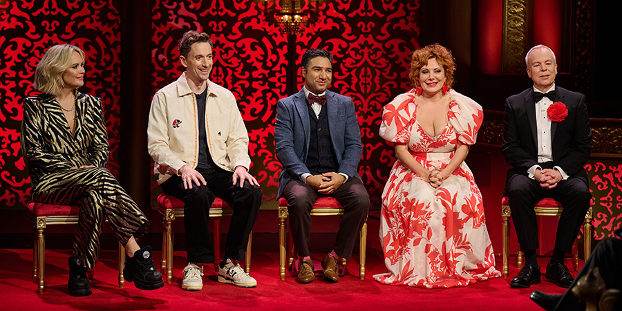 Taskmaster. Image shows left to right: Joanne McNally, John Robins, Nick Mohammed, Sophie Willan, Steve Pemberton