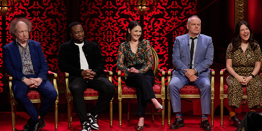 Taskmaster. Image shows left to right: Andy Zaltzman, Babatunde Aléshé, Emma Sidi, Jack Dee, Rosie Jones