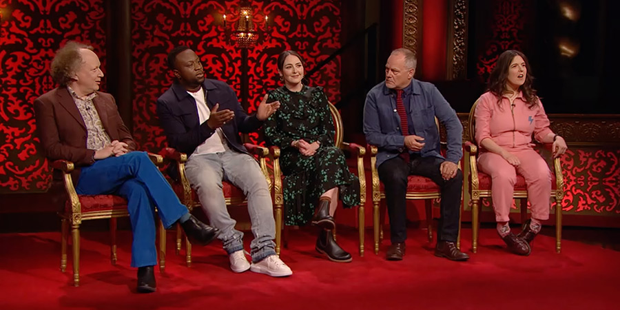 Taskmaster. Image shows left to right: Andy Zaltzman, Babatunde Aléshé, Emma Sidi, Jack Dee, Rosie Jones