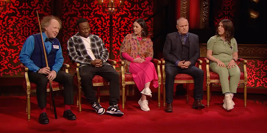 Taskmaster. Image shows left to right: Andy Zaltzman, Babatunde Aléshé, Emma Sidi, Jack Dee, Rosie Jones