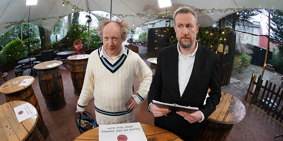 Taskmaster. Image shows left to right: Andy Zaltzman, Alex Horne