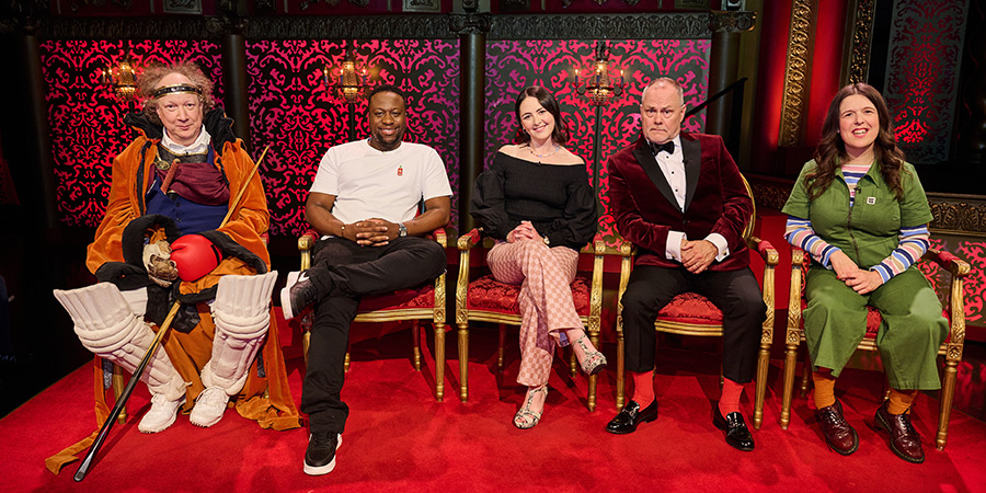 Taskmaster. Image shows left to right: Andy Zaltzman, Babatunde Aléshé, Emma Sidi, Jack Dee, Rosie Jones