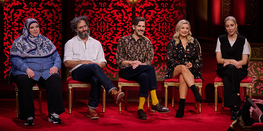 Taskmaster. Image shows left to right: Fatiha El-Ghorri, Jason Mantzoukas, Mathew Baynton, Rosie Ramsey, Stevie Martin Taskmaster. Image shows left to right: Fatiha El-Ghorri, Jason Mantzoukas, Mathew Baynton, Rosie Ramsey, Stevie Martin