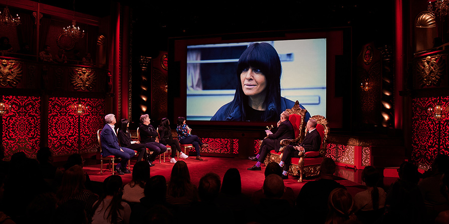 Taskmaster. Image shows from L to R: Adrian Chiles, Claudia Winkleman, Alan Davies, Lady Leshurr, Sayeeda Warsi, Greg Davies, Alex Horne