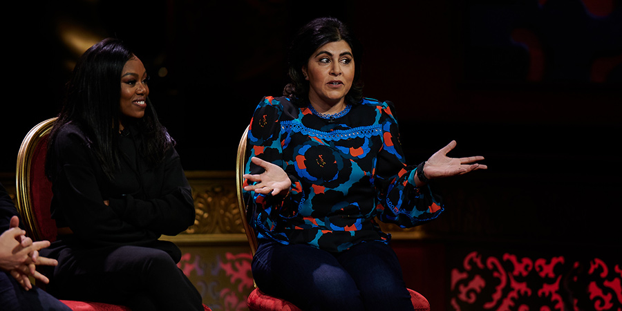 Taskmaster. Image shows from L to R: Lady Leshurr, Sayeeda Warsi