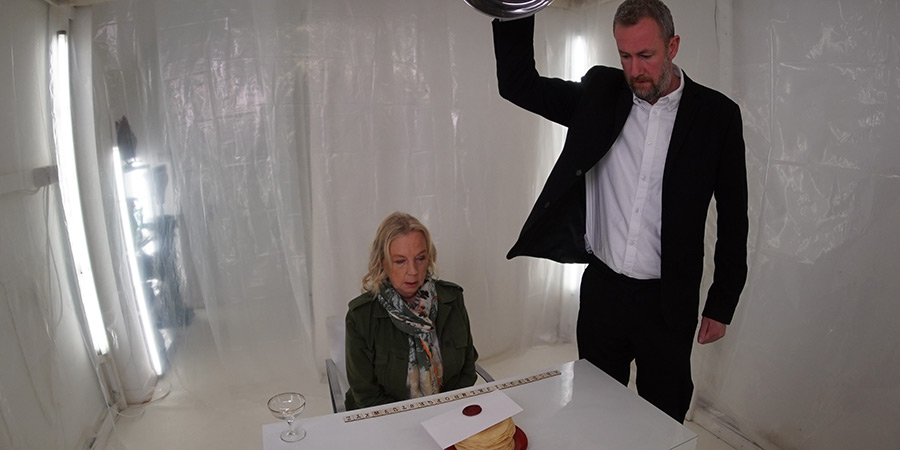 Taskmaster. Image shows left to right: Deborah Meaden, Alex Horne