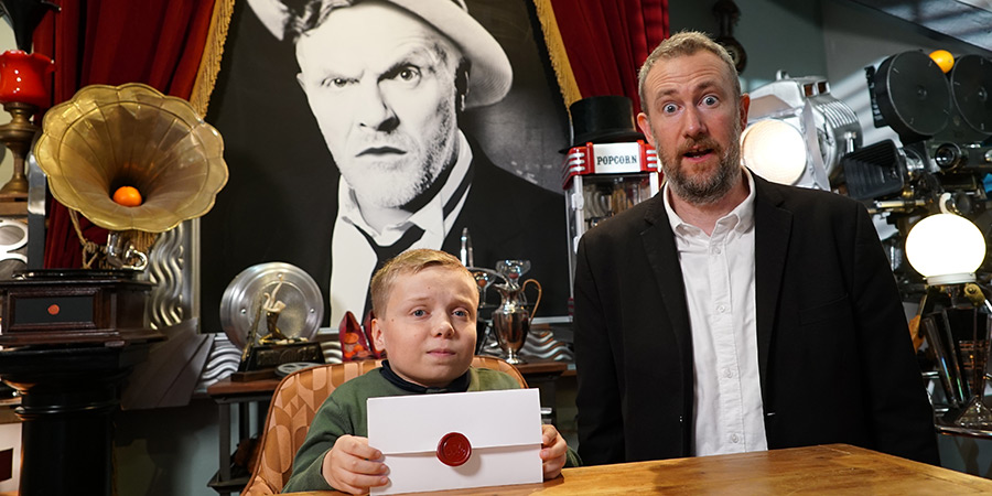 Taskmaster. Image shows left to right: Lenny Rush, Alex Horne