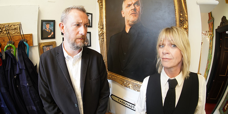 Taskmaster. Image shows left to right: Alex Horne, Zoe Ball