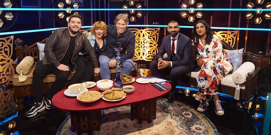 The Tez O'Clock Show. Image shows from L to R: Adam Rowe, Sophie Willan, John Bishop, Tez Ilyas, Sindhu Vee