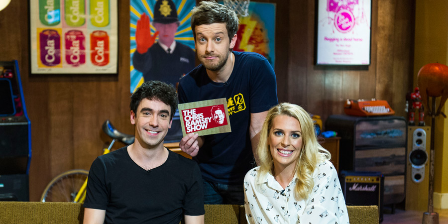 The Chris Ramsey Show. Image shows from L to R: Adam Hess, Chris Ramsey, Sara Pascoe. Copyright: Avalon Television