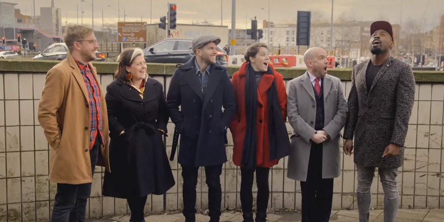 The Comedy Bus. Image shows from L to R: Iain Stirling, Kiri Pritchard-McLean, Joel Dommett, Suzi Ruffell, Tom Allen, Darren Harriott. Copyright: Spelthorne Community Television