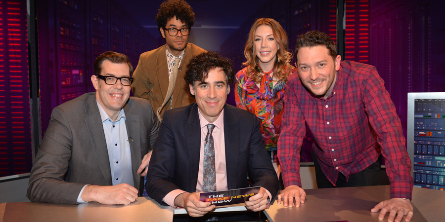 The Fake News Show. Image shows from L to R: Richard Osman, Richard Ayoade, Stephen Mangan, Katherine Ryan, Jon Richardson. Copyright: Hat Trick Productions