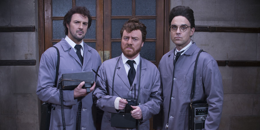 The Keith & Paddy Picture Show. Image shows from L to R: Venkman (Paddy McGuinness), Stantz (Leigh Francis), Egon (Robbie Williams). Copyright: Talkback