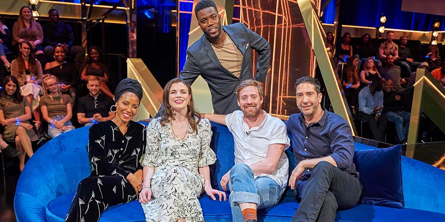 The Lateish Show With Mo Gilligan. Image shows from L to R: Jada Pinkett Smith, Aisling Bea, Mo Gilligan, Ricky Wilson, David Schwimmer