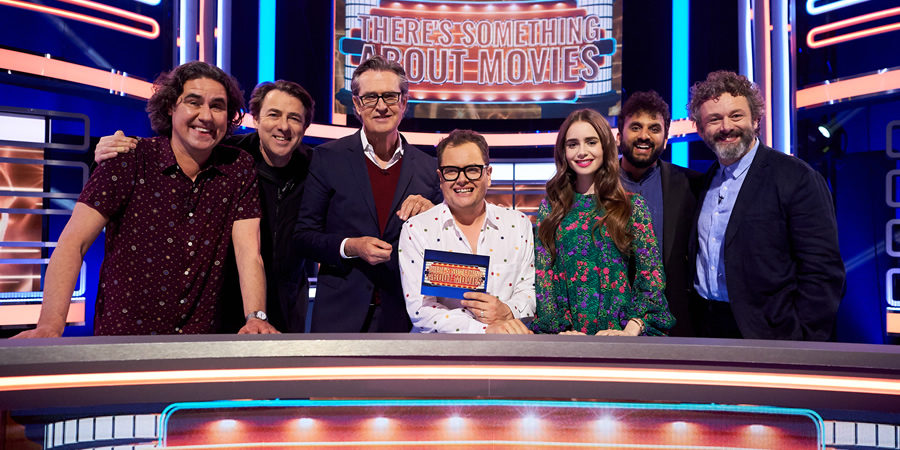 There's Something About Movies. Image shows from L to R: Micky Flanagan, Jonathan Ross, Rupert Everett, Alan Carr, Lily Collins, Nish Kumar, Michael Sheen