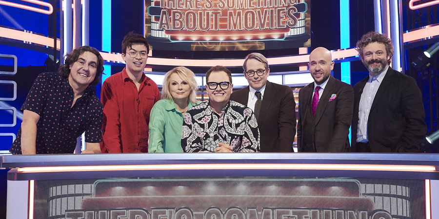 There's Something About Movies. Image shows from L to R: Micky Flanagan, Phil Wang, Jennifer Saunders, Alan Carr, Matthew Broderick, Tom Allen, Michael Sheen