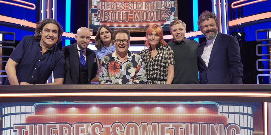 There's Something About Movies. Image shows from L to R: Micky Flanagan, Tom Allen, Emily Mortimer, Alan Carr, Miranda Richardson, Rob Beckett, Michael Sheen