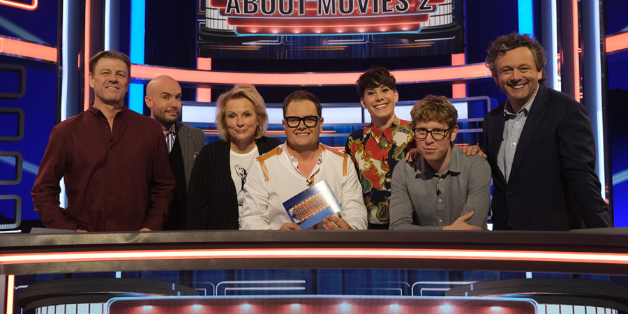 There's Something About Movies. Image shows from L to R: Sean Bean, Tom Allen, Jennifer Saunders, Alan Carr, Suzi Ruffell, Josh Widdicombe, Michael Sheen