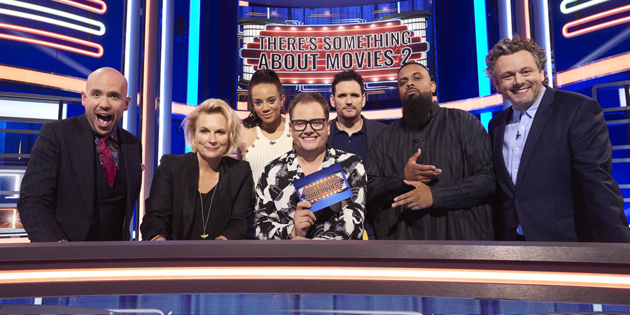 There's Something About Movies. Image shows from L to R: Tom Allen, Jennifer Saunders, Hannah John-Kamen, Alan Carr, Matt Dillon, Guz Khan, Michael Sheen