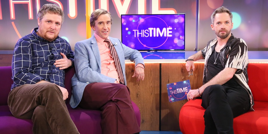 This Time With Alan Partridge. Image shows from L to R: Simon Denton (Tim Key), Alan Partridge (Steve Coogan), Tommy Chaucer (Seb Cardinal). Copyright: Baby Cow Productions