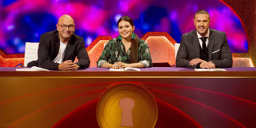 Through The Keyhole. Image shows from L to R: Gregg Wallace, Scarlett Moffatt, Paddy McGuinness. Copyright: Talkback