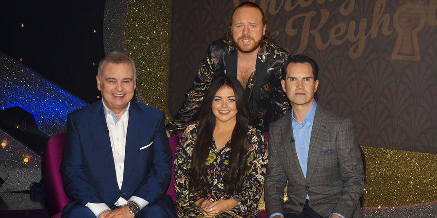 Through The Keyhole. Image shows from L to R: Eamonn Holmes, Scarlett Moffatt, Leigh Francis, Jimmy Carr. Copyright: Talkback