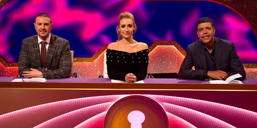 Through The Keyhole. Image shows from L to R: Paddy McGuinness, Catherine Tyldesley, Chris Kamara. Copyright: Talkback