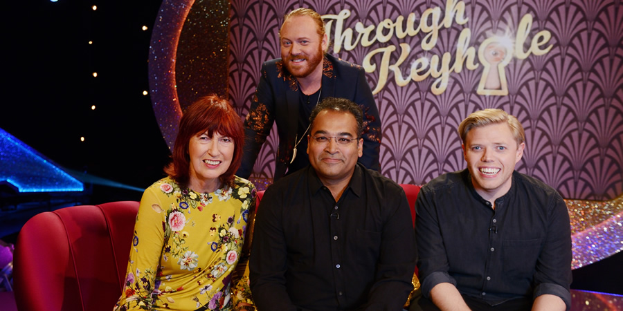 Through The Keyhole. Image shows from L to R: Janet Street-Porter, Leigh Francis, Krishnan Guru-Murthy, Rob Beckett. Copyright: Talkback