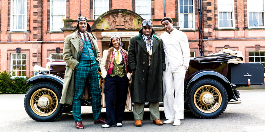 Timewasters. Image shows from L to R: Jason (Kadiff Kirwan), Lauren (Adelayo Adedayo), Horace (Samson Kayo), Nick (Daniel Lawrence Taylor). Copyright: Big Talk Productions