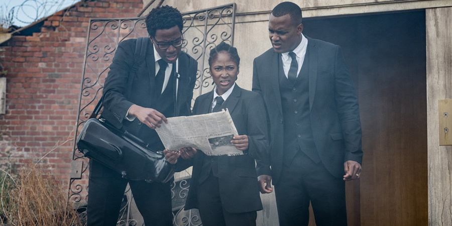 Timewasters. Image shows from L to R: Nick (Daniel Lawrence Taylor), Lauren (Adelayo Adedayo), Jason (Kadiff Kirwan). Copyright: Big Talk Productions