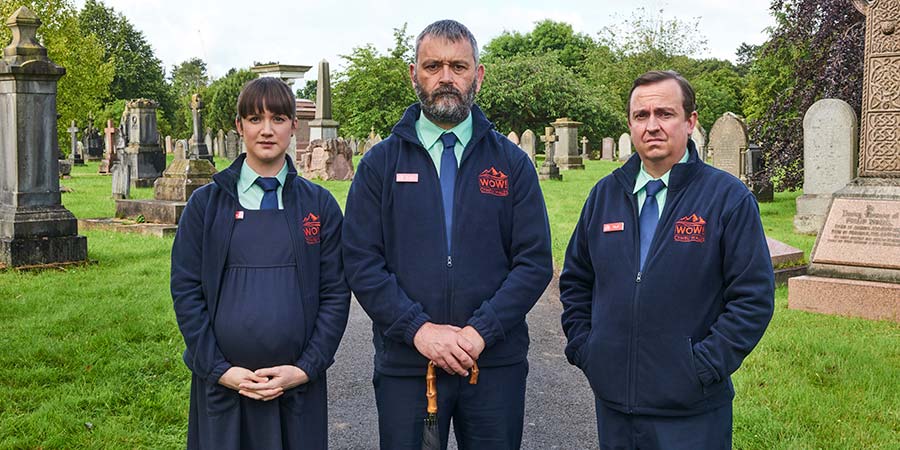 Tourist Trap. Image shows from L to R: Amy (Sara Gregory), Gwilyn (Tudur Owen), Mark (Sion Pritchard). Copyright: The Comedy Unit