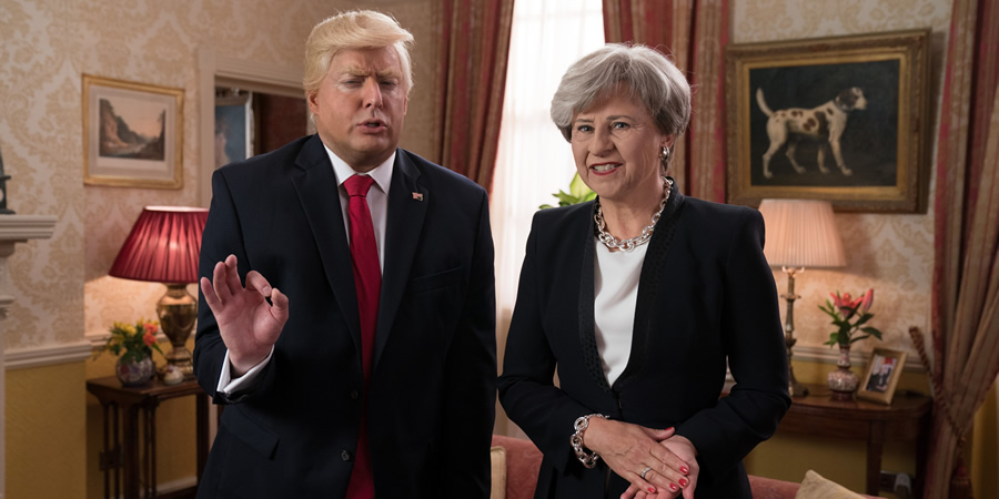 Tracey Breaks The News. Image shows from L to R: Donald Trump (Anthony Atamanuik), Tracey Ullman. Copyright: BBC