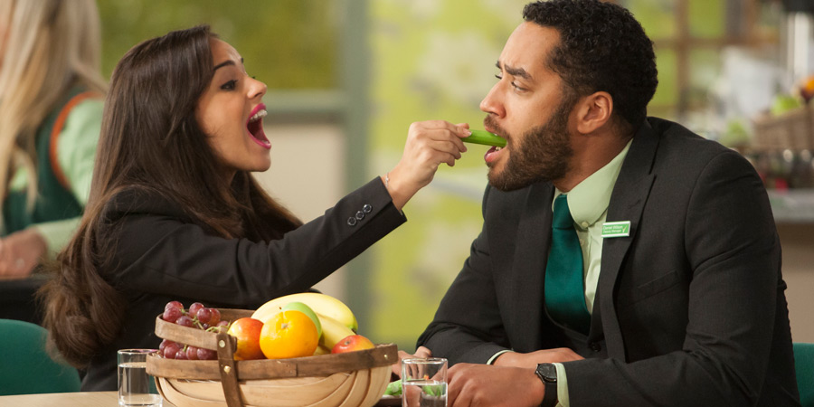 Trollied. Image shows from L to R: Holly (Georgia May Foote), Daniel (Samuel Anderson). Copyright: Roughcut Television