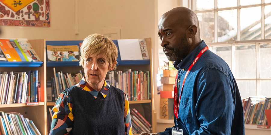 The Trouble With Maggie Cole. Image shows from L to R: Jill Wheadon (Julie Hesmondhalgh), Marcus Ormansby (Patrick Robinson). Copyright: Genial Productions