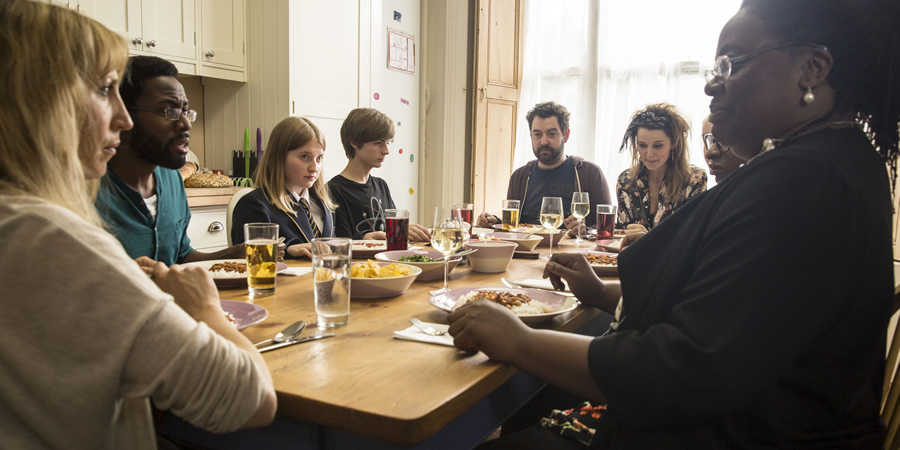 Uncle. Image shows from L to R: Sam (Daisy Haggard), Bruce (Daniel Lawrence Taylor), Emma (Fern Deacon), Errol (Elliot Speller-Gillott), Andy (Nick Helm), Jasmine (Emily Bevan), Diane (Cecilia Noble). Copyright: Baby Cow Productions