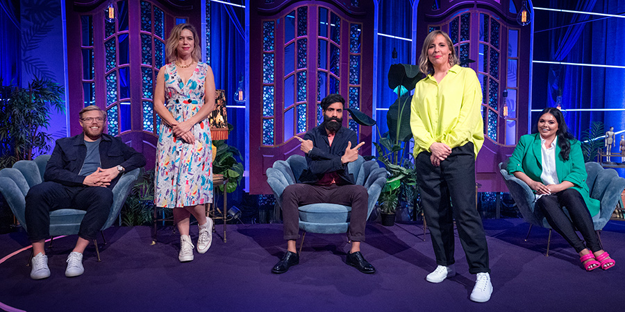 Mel Giedroyc: Unforgivable. Image shows from L to R: Rob Beckett, Lou Sanders, Paul Chowdhry, Mel Giedroyc, Scarlett Moffatt