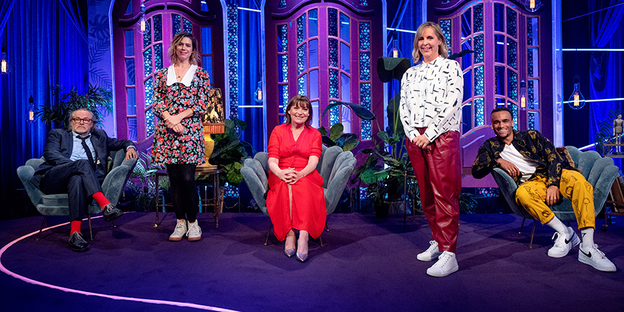 Mel Giedroyc: Unforgivable. Image shows from L to R: Jack Dee, Lou Sanders, Lorraine Kelly, Mel Giedroyc, Munya Chawawa