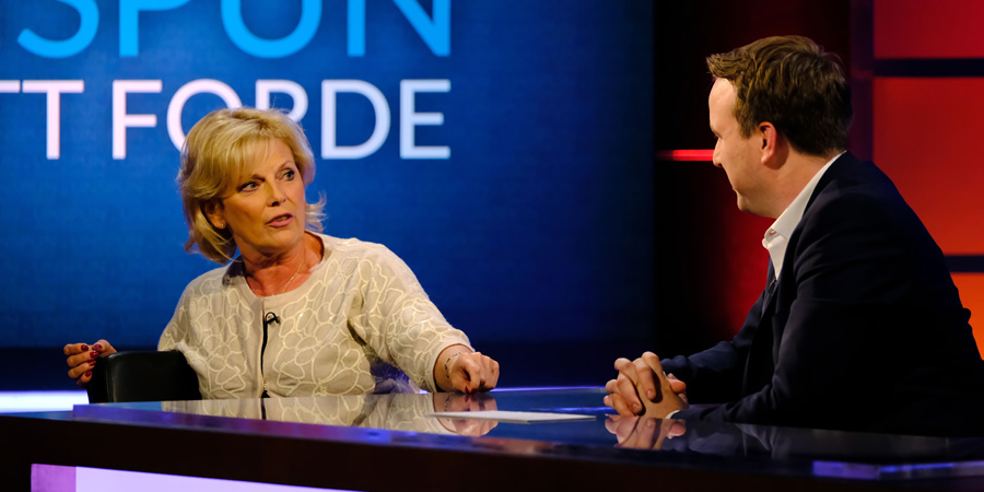 Unspun With Matt Forde. Image shows from L to R: Anna Soubry, Matt Forde. Copyright: Avalon Television