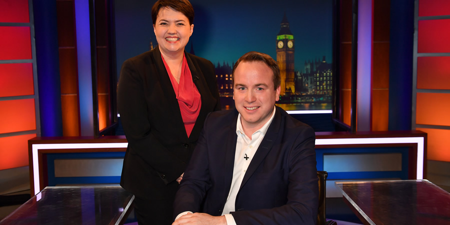 Unspun With Matt Forde. Image shows from L to R: Ruth Davidson, Matt Forde. Copyright: Avalon Television