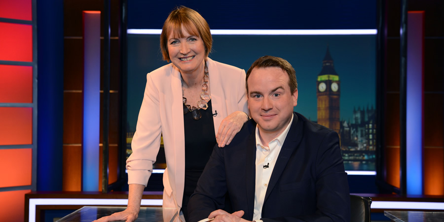 Unspun With Matt Forde. Image shows from L to R: Harriet Harman, Matt Forde. Copyright: Avalon Television