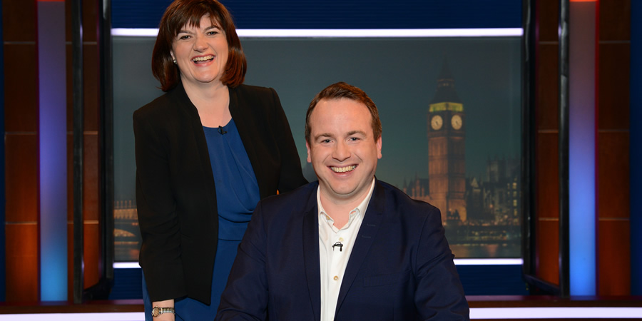 Unspun With Matt Forde. Image shows from L to R: Nicky Morgan, Matt Forde. Copyright: Avalon Television