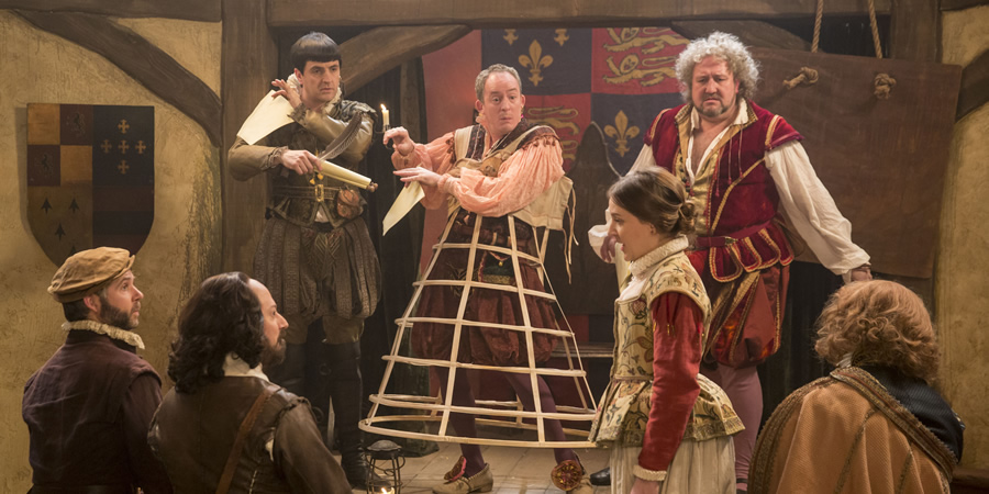 Upstart Crow. Image shows from L to R: Bottom (Rob Rouse), Will Shakespeare (David Mitchell), Kempe (Spencer Jones), Condell (Dominic Coleman), Kate (Gemma Whelan), Burbage (Steve Speirs)