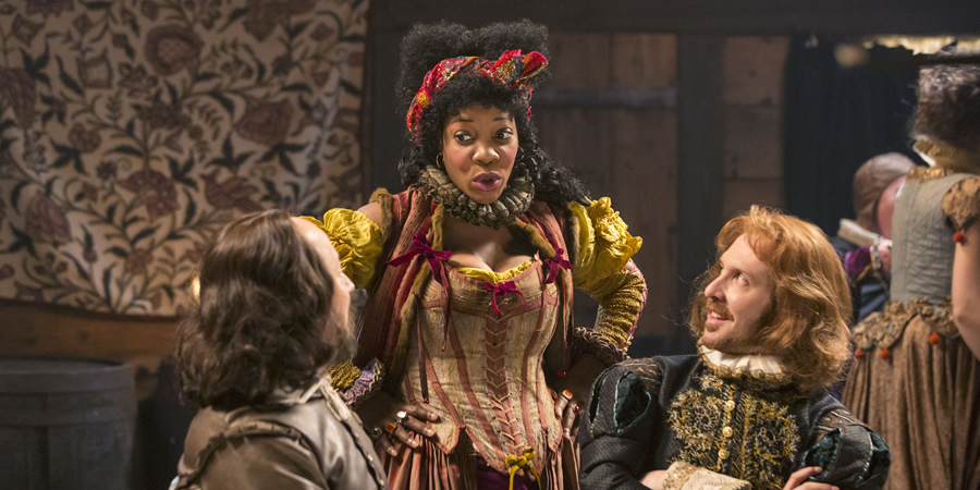 Upstart Crow. Image shows from L to R: Will Shakespeare (David Mitchell), Lucy (Jocelyn Jee Esien), Marlowe (Tim Downie)